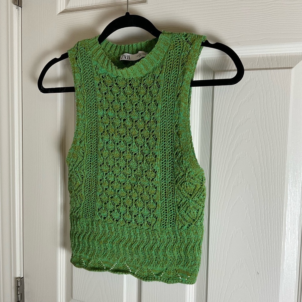 Zara Open-Knit Cropped Sweater Vest - Green/Lime Mix Size Medium View 2